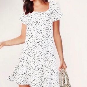 NWT! Loft Linen Blend Cream Black Polka Dots Fit & Flare Mini Dress US 6